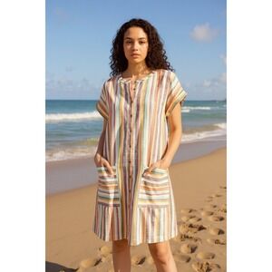 Lou & Grey X‎ Loft Medium Linen Blend Rainbow Stripe Button-Up Shirt Dress